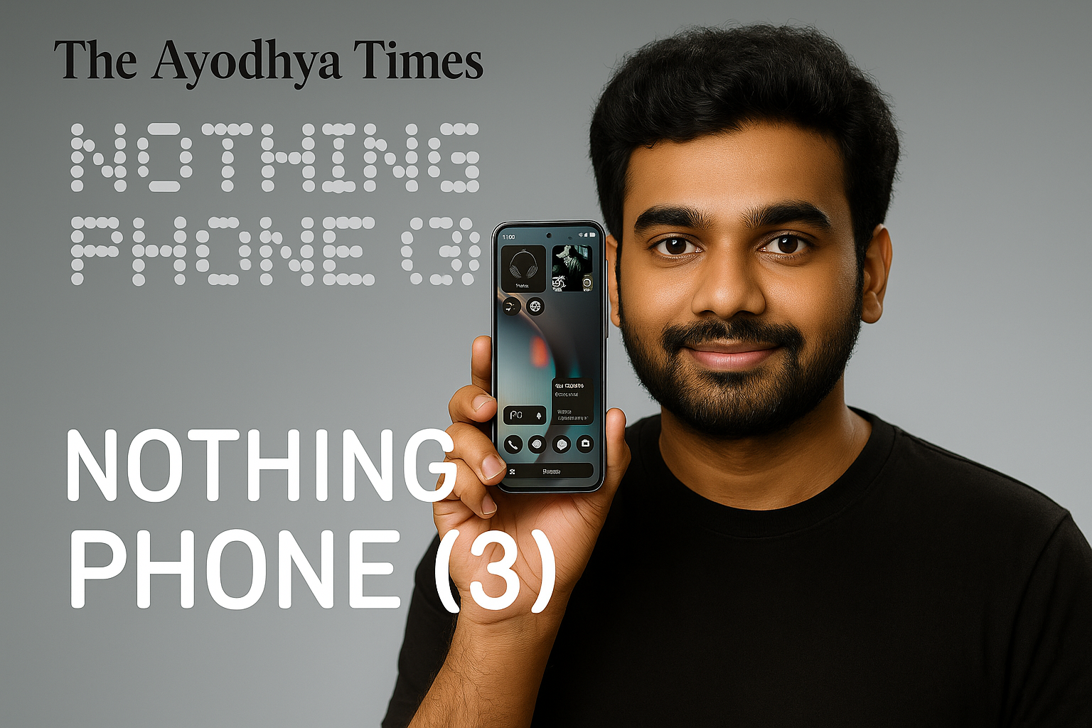 Indian man holding the Nothing Phone 3 with screen visible, featuring The Ayodhya Times branding in the background.