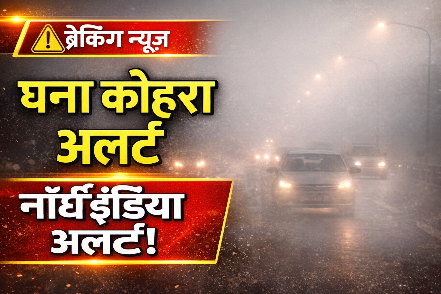 Dense fog alert in North India showing blurred vehicles with headlights navigating a fog-covered road, highlighting hazardous weather conditions.
