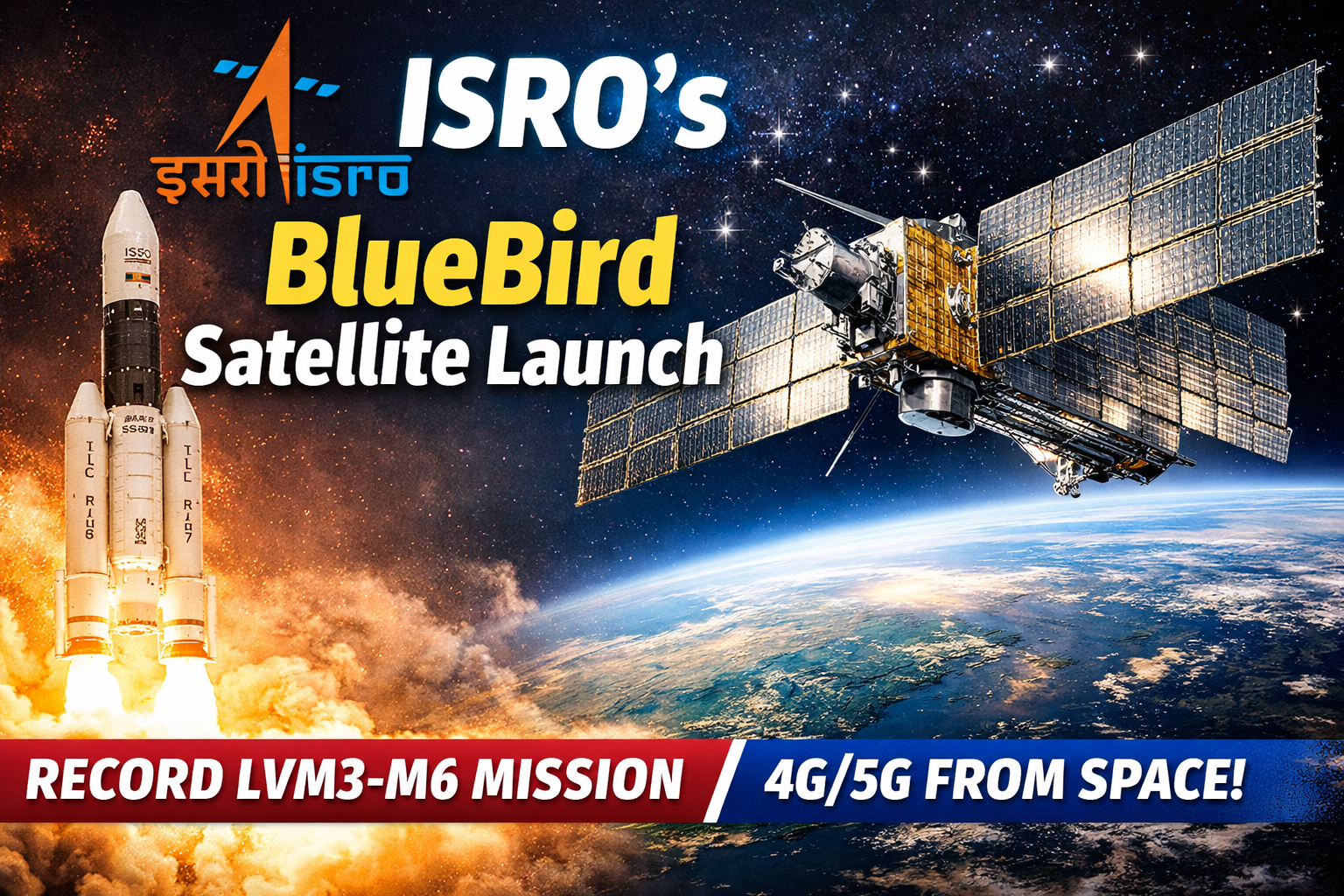 “ISRO LVM3-M6 rocket launching BlueBird Block-2 satellite into orbit, showing record-heavy satellite mission providing 4G/5G connectivity from space.”
