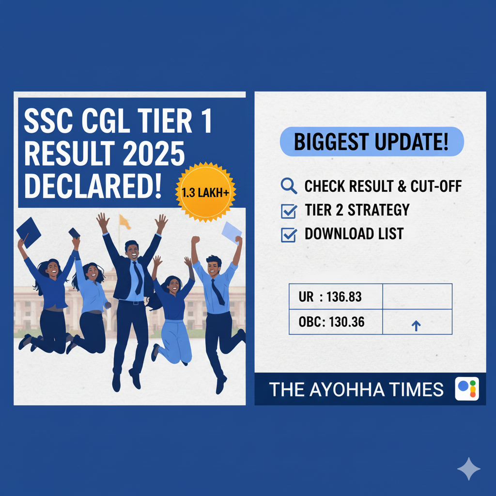 "Breaking News Thumbnail showing SSC CGL 2025 Tier 1 Result Declared with 1.3 lakh candidates shortlisted for Tier 2