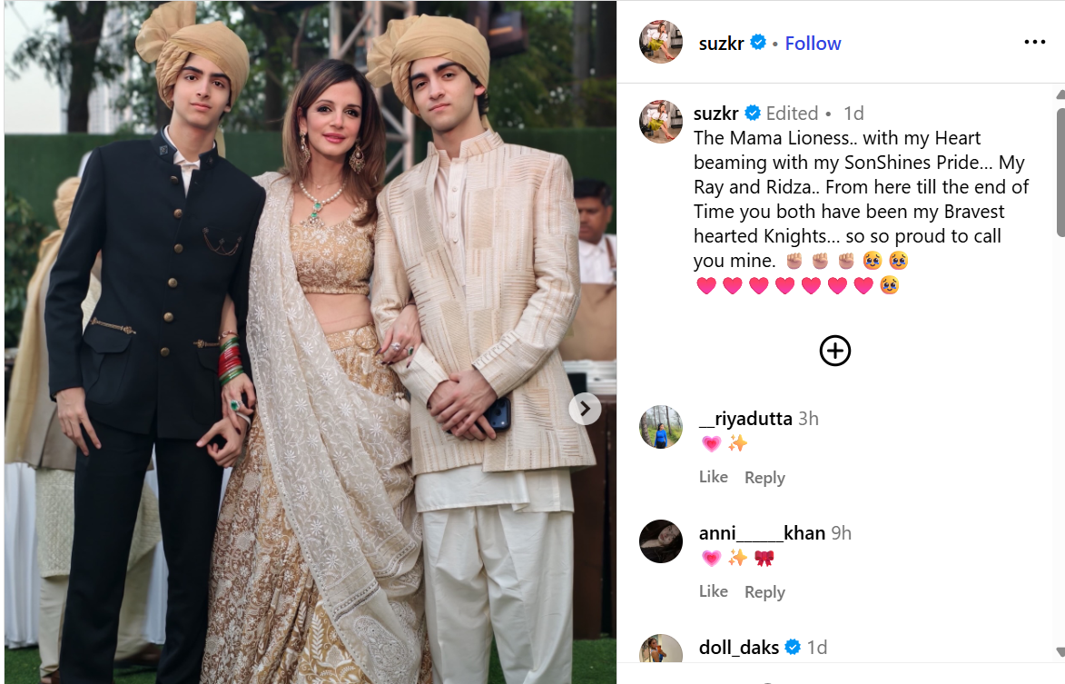 सुज़ैन खान अपने बेटों ह्रेहान और हृधान के साथ भावुक तस्वीर में