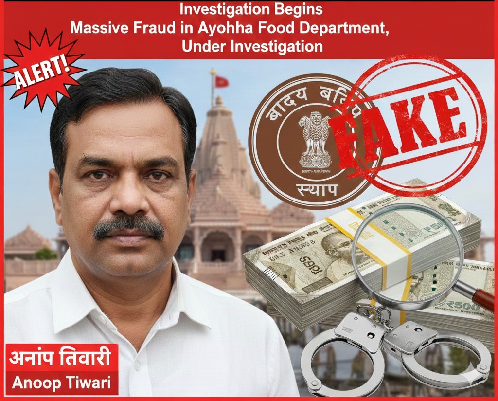 Ayodhya Food Department fraud case, suspect Anoop Tiwari photo with investigation background."