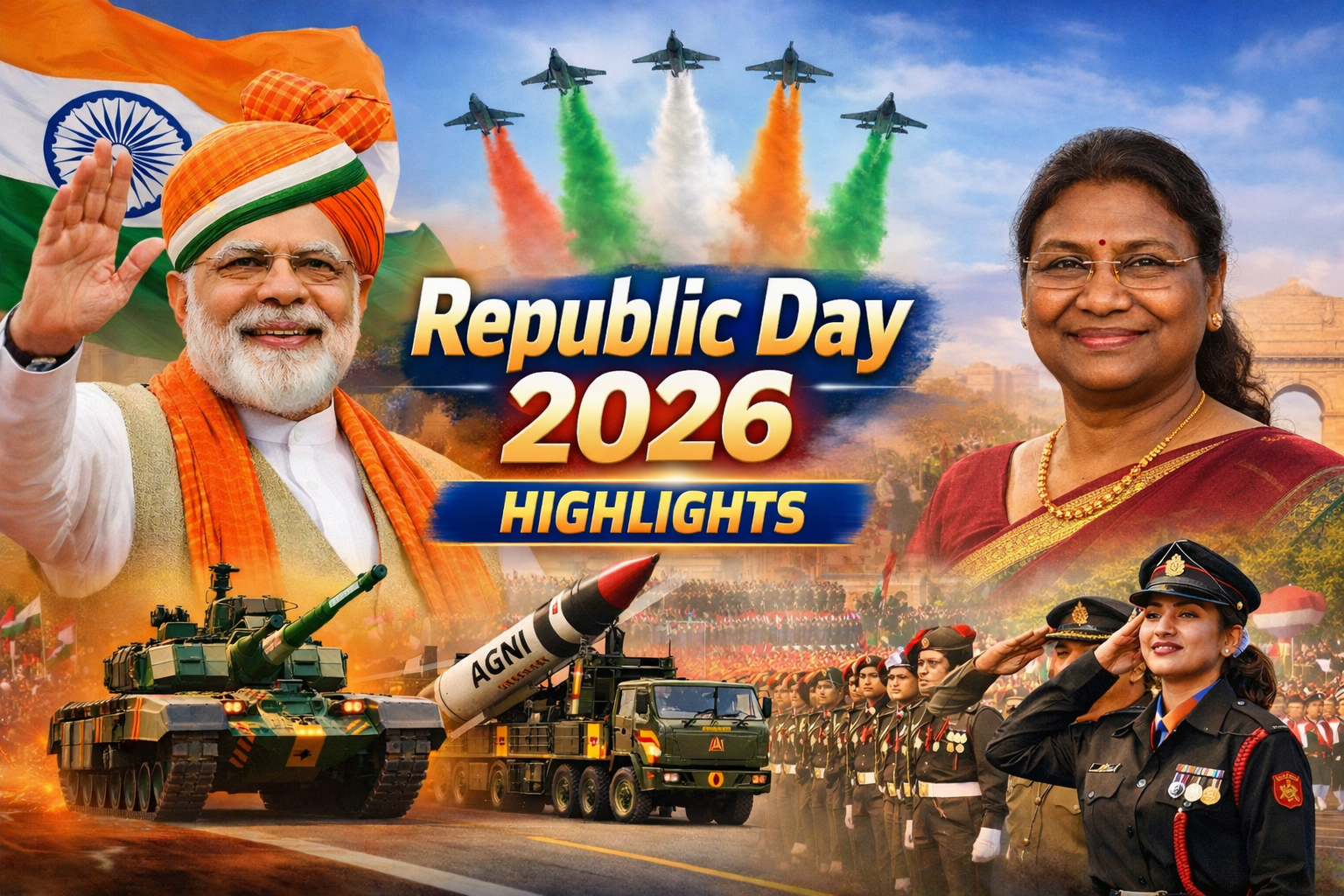 26 जनवरी 2026 गणतंत्र दिवस परेड में राष्ट्रपति द्रौपदी मुर्मू और प्रधानमंत्री नरेंद्र मोदी, भारतीय सेना और वायुसेना का प्रदर्शन